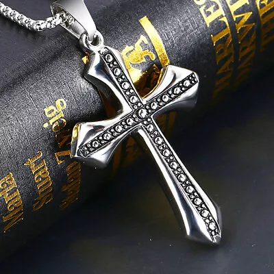 Mens Stainless Steel Vintage Cross Pendant Necklace Men Women Silver • $9.95