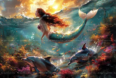 MERMAID DOLPHIN ART PRINT Decor Siren Poster Nymph Picture Ocean Fantasy D361 • $9.95