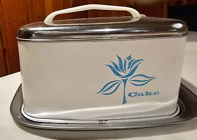 $35 • Buy Lincoln Beauty Ware Mid Century Square Chrome White Blue Flower Cake Carrier