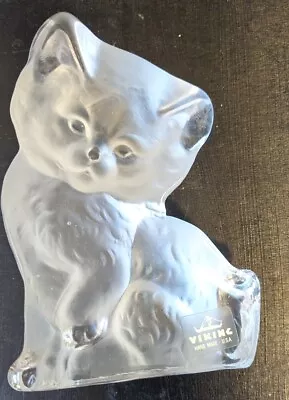 Vtg Viking Glass Frosted Kitten Cat 6.5  Figurine Paper Weight Original Sticker • $19.99