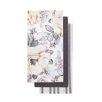 Pink Magnolia Floral Summer Print Black White Kitchen Towel Set Of 3 • $21.99