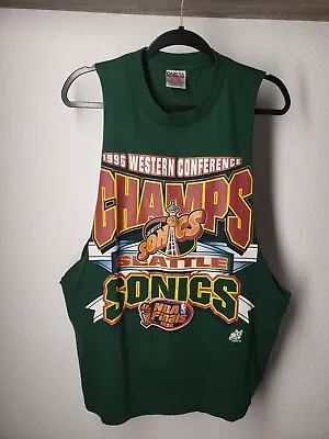 Vintage 90s Seattle Sonics SuperSonics Cutoff Graphic T Shirt Green Size Large  • $20