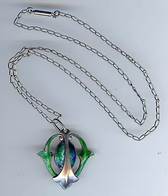 William Hair Haseler Liberty Antique Sterling Green Blue Enamel Pendant Necklace • £457.79