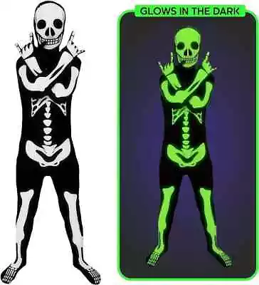 Kids Glow In Dark Skeleton Morphsuit Boys Girls Halloween Fancy Dress Costume • $37.95
