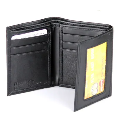 Black Mens Trifold Genuine Leather Wallet Window ID Pockets Holder Credit Cards • $8.45