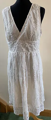 Ivory Waisted Mesh Lace Sleeveless Dress Cross Bodice Size L  (10-12) Pls Read • £4.99