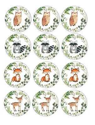 12 Cute Woodland Animals Baby Shower Edible Paper Cupcake Cookie Toppers • $5