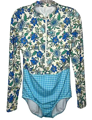 Lands' End 12 MASTECTOMY Swimsuit Rash Guard Paddle Suit Blue Floral Long Sleeve • $49.97