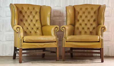 PAIR Of Mustard Leather Chesterfield Wingback Chairs Armchairs *FREE DELIVERY* • £795