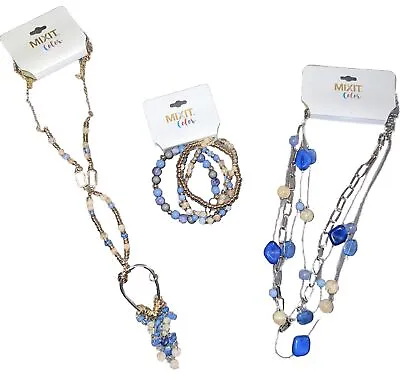 New $75 MIXIT Jewelry Set TWO Necklaces & Bundle Of Bracelets- Blue White & Gold • $26.60