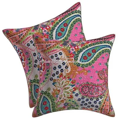 Bohemian Cotton Throw Pillow Covers Kantha 16x16 In Paisley Indian Boho Set Of 2 • £16.62
