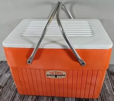 Vintage Thermos Brand  Orange Plastic Cooler Ice Chest W/ Handles RETRO • $49.99