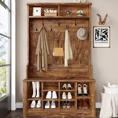 Hall Tree Entryway Bench With Coat Rack And 10 Adjustable Shoe Storage Brown • $155.99