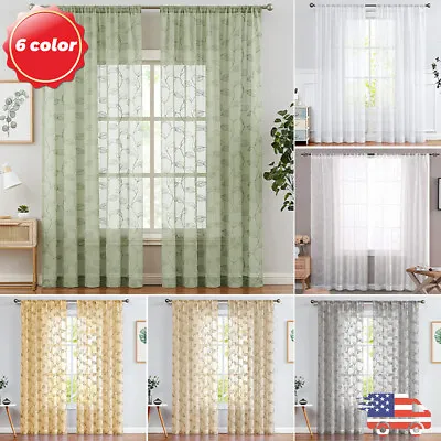 $16.99 • Buy 2 PC Sheer Leaf Pattern Embroidered Treatments Window Curtains For Living Room