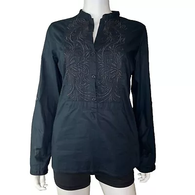 Marks & Spencer Black Roll Tab Embroidered Blouse Womens Size UK14 (J10221) • £17.26