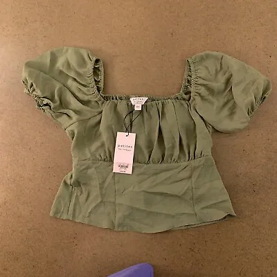Miss Selfridge Women's Size 4 Petite Green Corset Detail Puff Sleeve Top NWT • $21.46