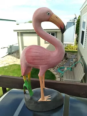 Vtg 1983? Hand Carved Painted Wooden Pink Flamingo Art Sculpture Approx 15 Inch • $32.75