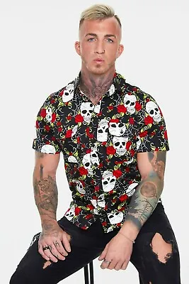 Skull & Roses Mens Short Sleeve Shirt Gothic Menswear Alternative Clothing New • £39.99