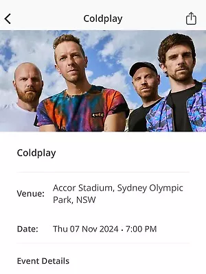 Coldplay Ticket Thursday 7th November 2024 Sydney X 1 Seated • $360