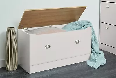 Blanket Box Ottoman Chest Toy Storage Bedding Wooden Trunk Cream & Oak Effect • £40