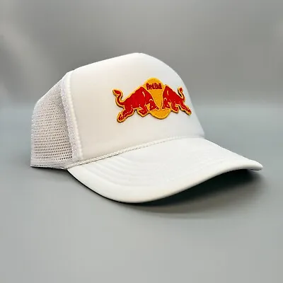 New Red Bull White Trucker Cap Hat 5 Panel High Crown Trucker Snapback Vintage • $25.95