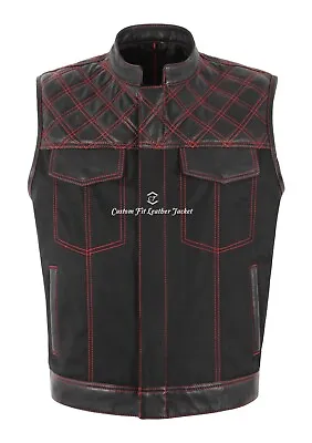 Men's Biker Waistcoat Vest Cordura Black Red Stitching Quilted SOA Leather Vest • £49.88
