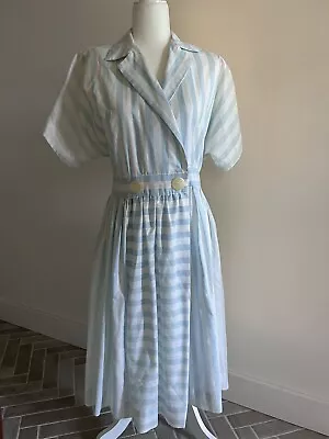 60s Vintage Handmade Mod White Blue Stripe Day Tea Swing Midi Dress Collar • $29