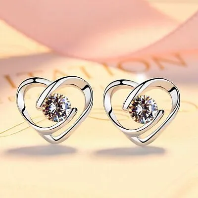 £2.99 • Buy 925 Sterling Silver Crystal Heart Swirl Pendant Chain Necklace Stud Earrings UK