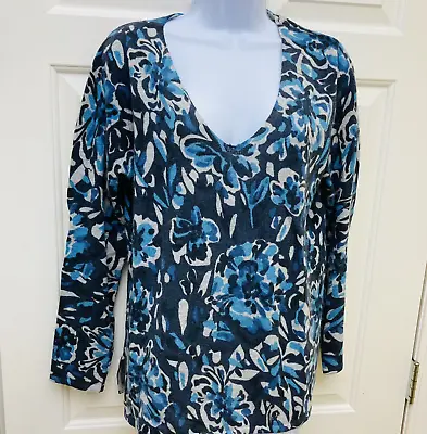 Sarah Spencer Sweater 1X Blue Floral Angora & Lambs Wool Deep V Neck Lightweight • $16.97