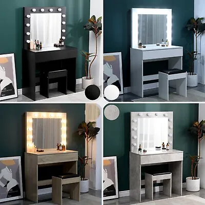 Dressing Table With LED Mirror Modern Makeup Desk Vanity Table Set + Stool • £89.95