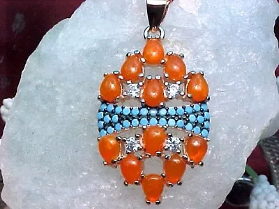 NATURAL MEXICAN FIRE OPAL PENDANT AAA++ 4X3mm & TURQUOISE 925 SS/14K ROSE GOLD • $39.99