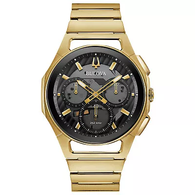 Bulova Men's Quartz CURV Chronograph Exhibition Caseback Gold Watch 44MM 97A144 • $435.99