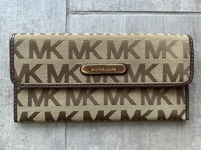 Michael Kors Austin Flat Brown Continental Slim Jacquard Wallet Designer Logo • $39