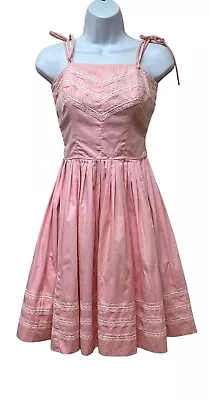 Vintage Bubble Gum Pink Lace Short Full Skirt Dress Sundress Tie Straps XS/S • $59.99