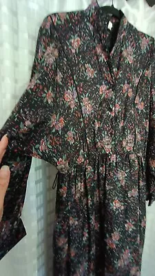 Vintage Zora Long Sleeve Blacl Floral Dress  Sz 14 Suit Modern 14 Retro  AS NEW • $9