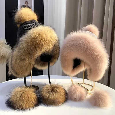 2023 Women Russian Ushanka Real Fox Fur Hats Elastic Thick Warm Ski Caps Winter • $49.59