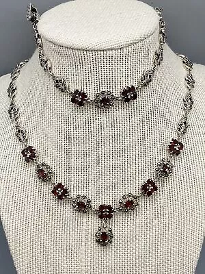 Vintage 925 Sterling Silver Garnet & Marcasite Bracelet & Necklace Amazing Set • $374.99