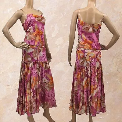 Vintage 90s Y2k Newport News Silk Dress Pink Floral Maxi Drop Waist Size 10 • $120