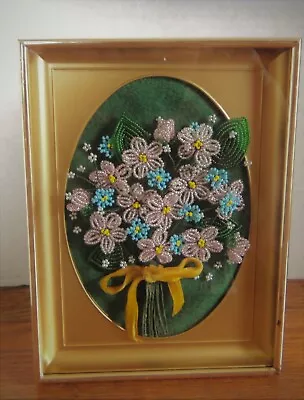 Vtg French Glass Seed Beaded Floral Bouquet Framed W/Velvet Plastic Mat Glass • $20