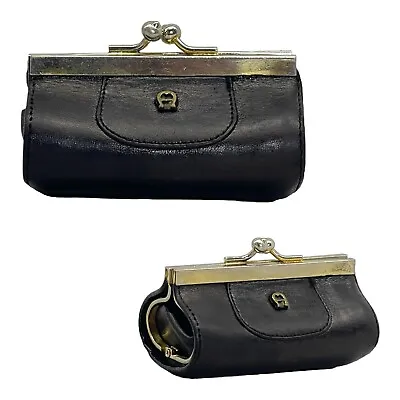 Vintage 60s ETIENNE AIGNER Handmade Leather Coin Wallet Purse Kisslock BLACK • $67.49