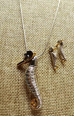 A49) Seahorse Necklace & Earrings Set - Gold & Silver-tone • $12.99