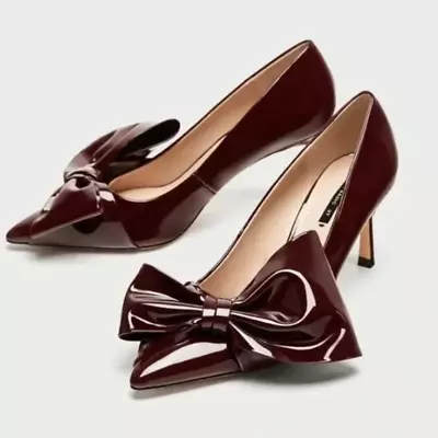 New Zara Patent Leather Bow Court Heels Pump Pointed Shoes US 5 /EU 35 Burgundy • $42