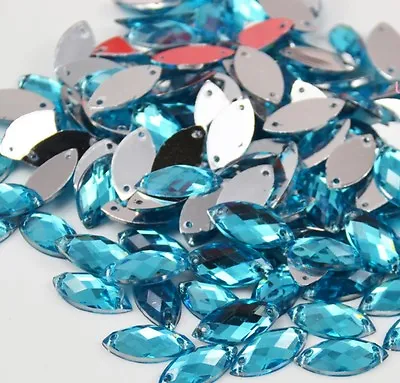 50 Blue Faceted Bead  Rhinestone Gem 7X15mm Tear Drop Flat Back Sew On Uk #1 • £3.26