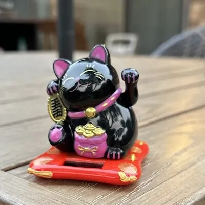 Solar Powered Black Maneki Neko Beckoning Lucky Waving Cat USA SELLER • $10.99