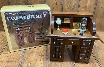 Vintage Sears Roll Top Desk 7 Piece Coaster Set Barware W/ Box No. 8199 • $30