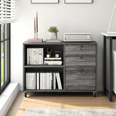 Mobile Printer Stand 3-Drawer Wood File Cabinet Office Filing Cabinet Dark Grey • $100.66