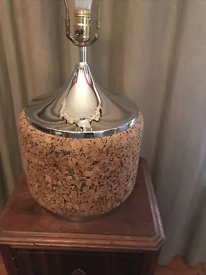 Vintage Cork And Chrome Mid Century Table Lamp MCM Metal Wood Retro • $175