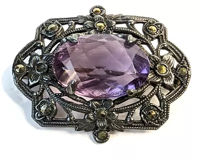 Antique Sterling Silver Amethyst Marcasite Brooch Gorgeous Edwardian Pin • $49