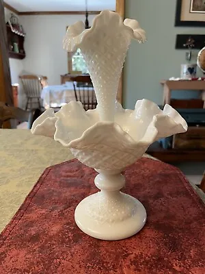 Vintage Fenton White Milk Glass One Horn Epergne Flower Diamond Lace Vase  Bowl • $85