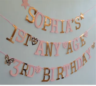 £5.95 • Buy PERSONALISED GIRLS 1st 2nd 3rd 7th ROSE GOLD Birthday Banner BUNTING Pink Lilac
